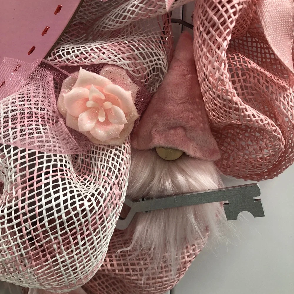 Gnome Wreath Valentines Love is the Key to Happiness Hearts Roses Ribbons